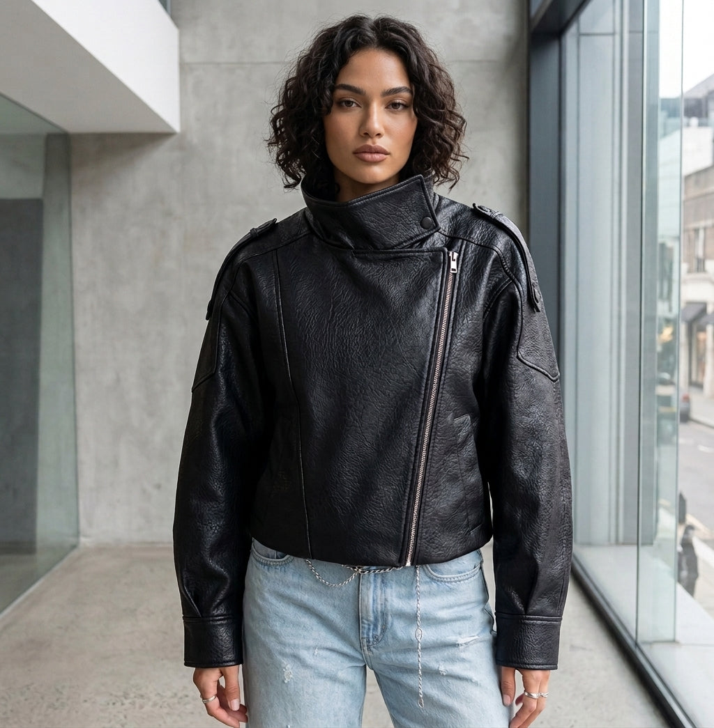 Women's Black Oversized Biker Jacket | AL CANDRA