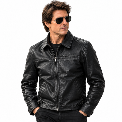 Men's Minimalist Black Genuine Leather Jacket - Cafe Racer Style