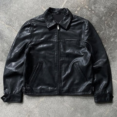 Men's Minimalist Black Genuine Leather Jacket - Cafe Racer Style
