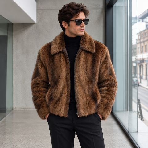 Men's Premium Brown Faux Fur Jacket – Luxury Winter Collection
